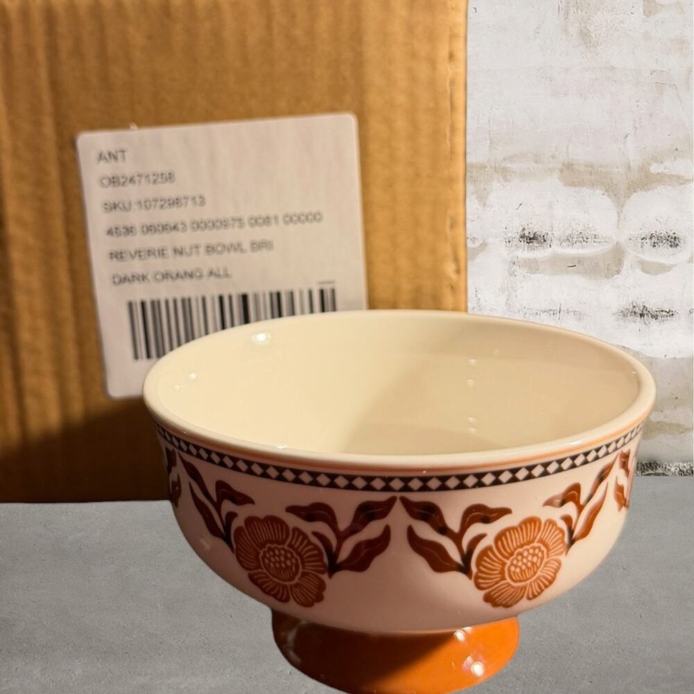 Anthropologie Reverie Stoneware Nut Bowl Rust Orange Floral Print NIB